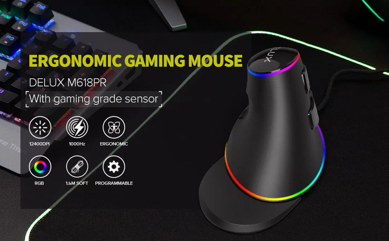 12800DPI Ergonomics Vertical Gaming Programmable Macro Delux M618 PLUS Wired Mouse 6 Buttons RGB Wireless Right Hand Mice