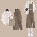 2025 Summer New Korean Elegant Dress Matching Set Women's Fashion Sunscreen Shirt+Vest+Cowboy Midi Skirt Three Piece Female Suit