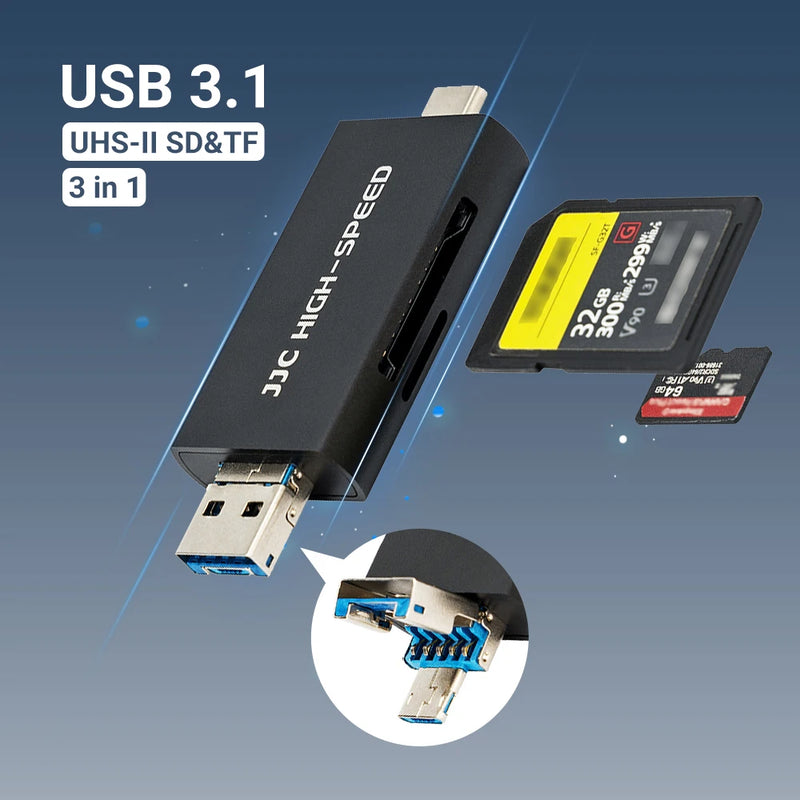 JJC UHS-II SD MSD Card Reader USB 3.1/Micro USB 2.0/Type C USB 3.1 to SD Micro SD Adapter for Camera PC Laptop Phone Pad OTG