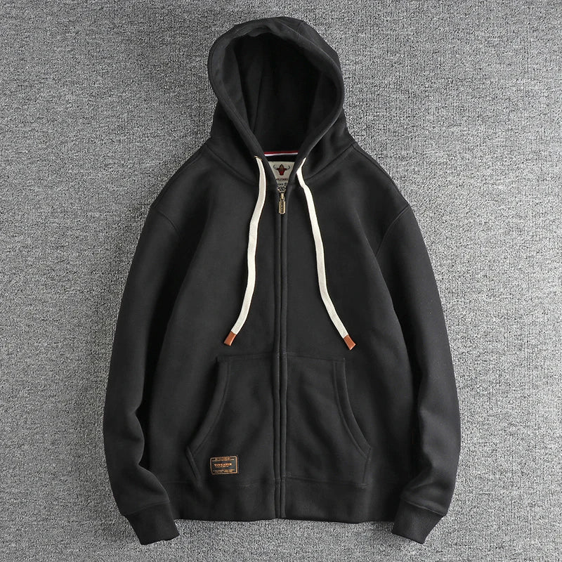 Autumn Winter American Retro Heavyweight Long Sleeved Hooded Hoodies Men's Simple Thickened Velvet Casual Cardigan Sweatshirts