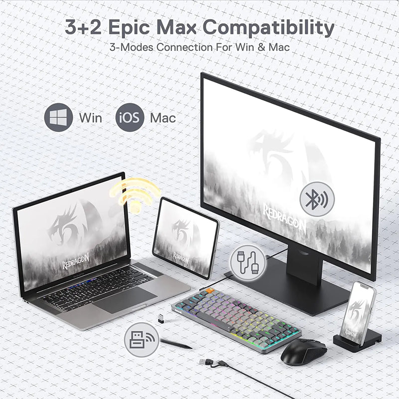 Redragon K652 75% Wireless RGB Mechanical Keyboard, Bluetooth\/2.4Ghz\/Wired Tri-Mode 84 Keys Ultra-Thin Gaming Keyboard