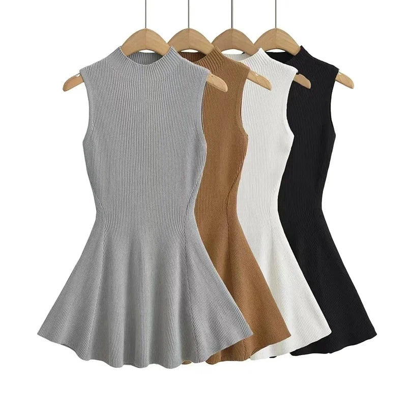 Summer autumn Women Sexy Knitted A-line mini Dress Standing collar sleeveless solid slim Short Dresses woman sexy Tank top dress