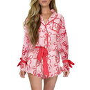 Christmas Pajamas for Women Bow Santa Claus Print Long Sleeve Shirts Ruffle Shorts Lounge Set Xmas 2 Piece Sleepwear