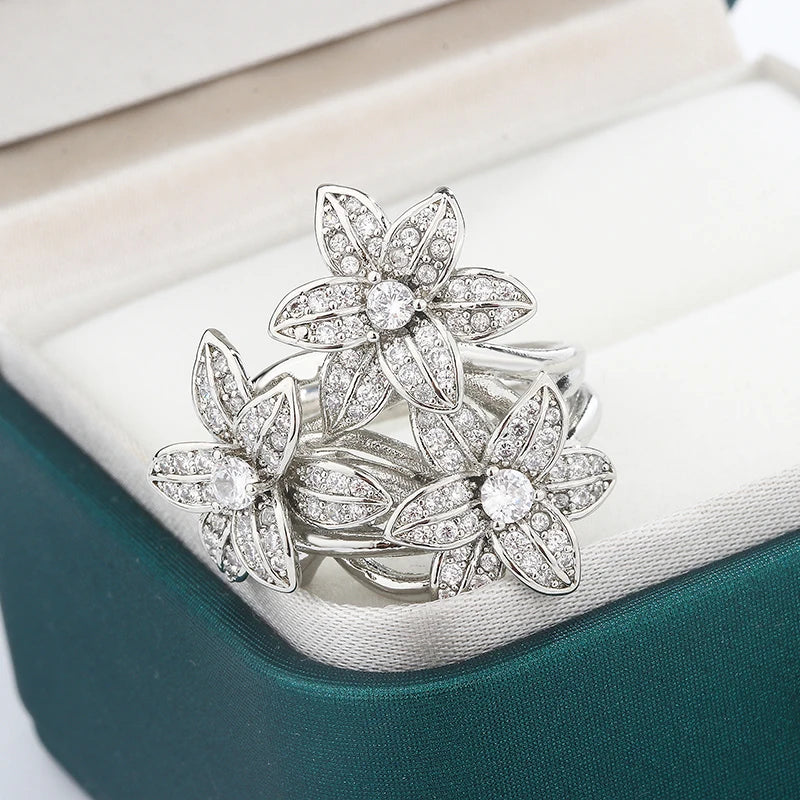 2024 New High Pear Shaped Branch Flower Zircon 925 Stamp Ring for Women's Fashion Flower Diamond Big Ring Party Birthday Gift