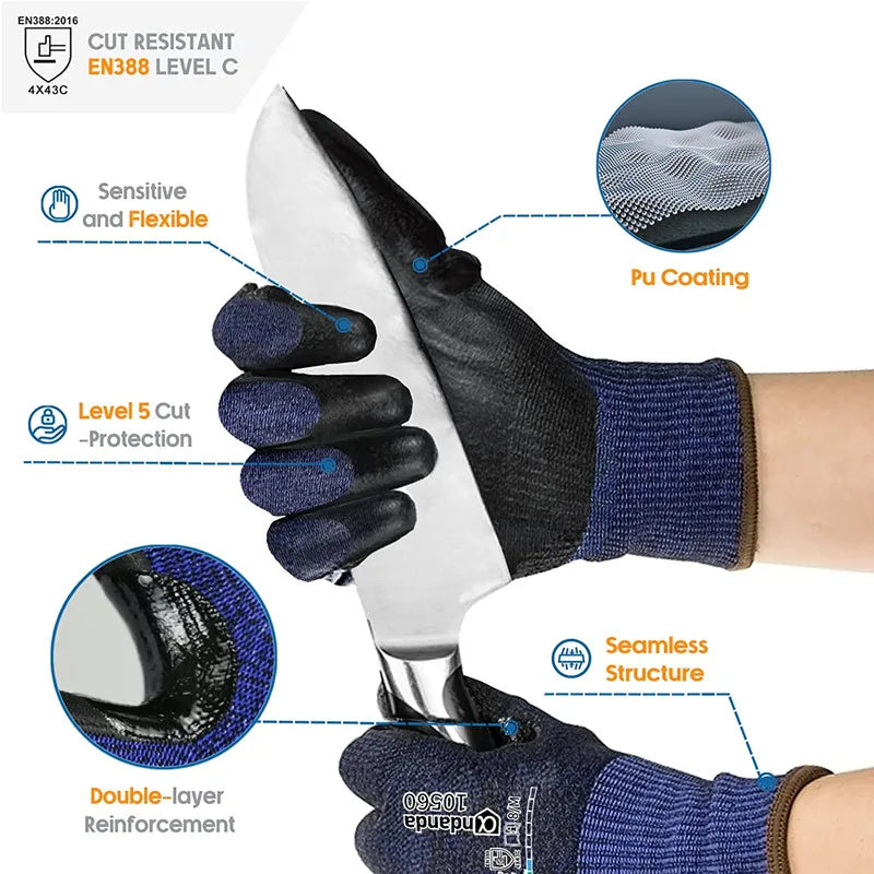 Andanda Double Layer Nitrile Gloves With Thumb Reinforcement Work Gloves Level 5 Cut Resistant Gloves Mechanic Safety Working