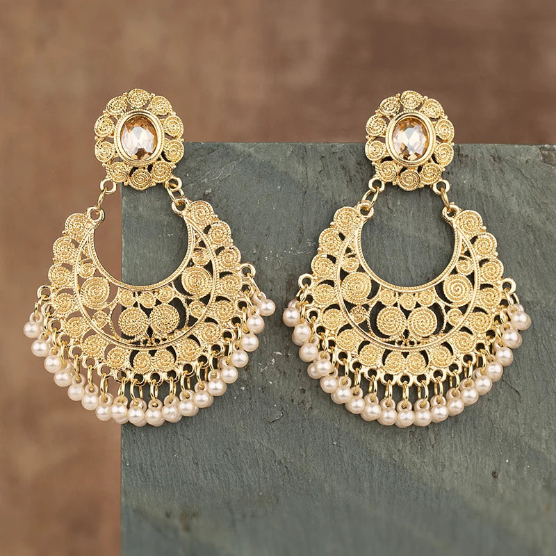 Luxury Ethnic Gold Color Indian Jhumka Earrings Women Vintage Crystal Flowers Pearl Tassel Earring 2023 Wedding Brincos Jewelry