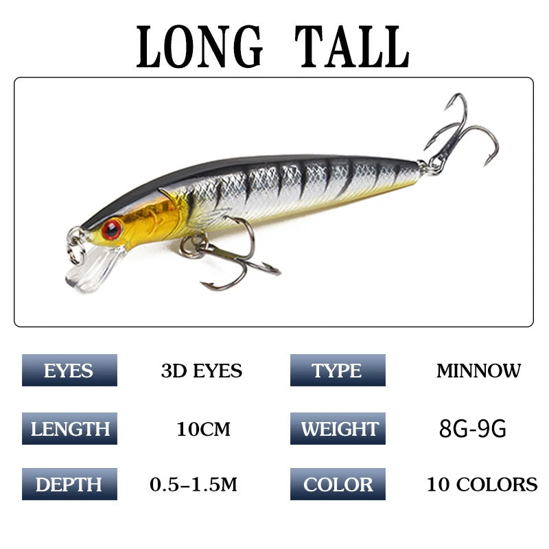 Long Tail Minnow Fishing Lure 10cm 9g Floating Hard Bait Artificial Wobbler Crankbait 3D Eye 10 Color Carp Perch Fishing Tackles