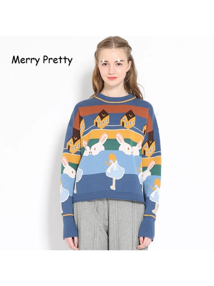 Merry Pretty Women Thick Warm Sweaters Embroidery Student Jumper Knitted Pullovers Female Drop Shoulder Sweet Funny Sweater