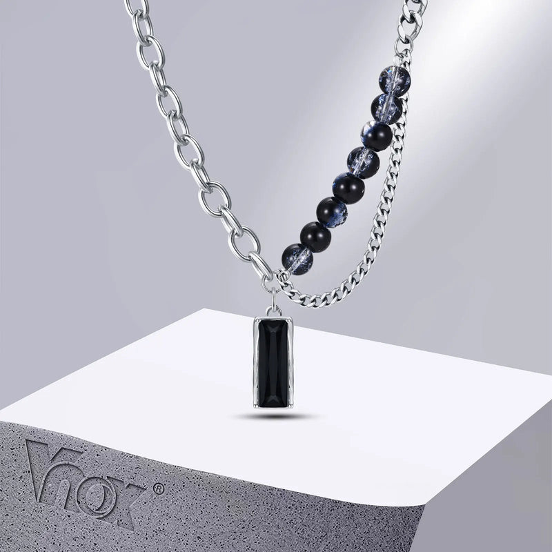 Vnox Stylish Black Stone Choker Necklaces for Men Women, Double Layers Chain Collar,Valentine's Father's Day Birthday Party Gift
