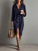 Retro Chic Women Midi Dress Corduroy Fabric Lapel Collar Popular Button Front Loose Fit Long Sleeve Comfy Casual Daily Outfit