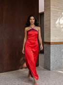 Color Blocking Scarf Collar Sling Dress Sexy Waist Cinching Chic Split Bodycon Maxi Dresses 2026 Lady Club Party Vestido