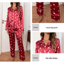 Women's Printed with Red Satin Heart-Shaped Printed Long Sleeved Button up Shirt Paired with Long Pants Casual Pajama Set