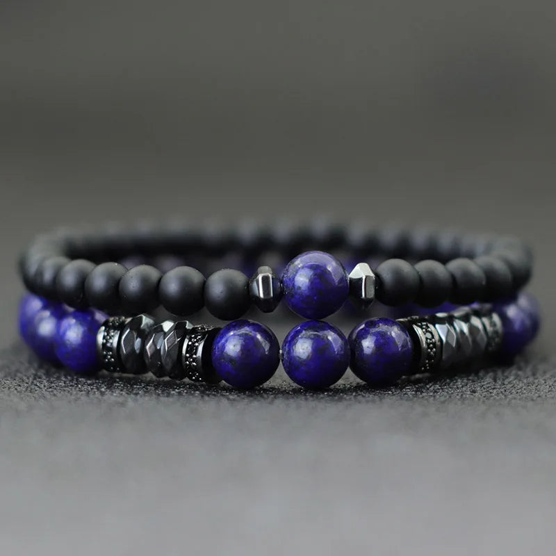 Hiphop Men Bracelet Set 2 Pieces High Quality Zirconia Braclet Natural Lapis Lazuli Lava Tiger Eyes Stone Braslet Gift For Him