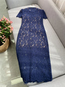The Nocturne | Navy Lace Patchwork Retro Midi Dress