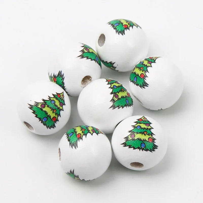 10pcs 16mm Round Christmas Wooden Beads Cartoon Wood Spacer Beads For Jewelry Making Diy Christmas Party Decor Handicrafts