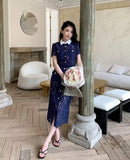 The Nocturne | Navy Lace Patchwork Retro Midi Dress