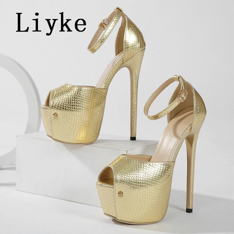 Liyke Elegant Women Wedding Party Prom Shoes Sexy Gold Snake Print Leather Peep Toe Platform High Heels Pumps Sandals Size 35-42