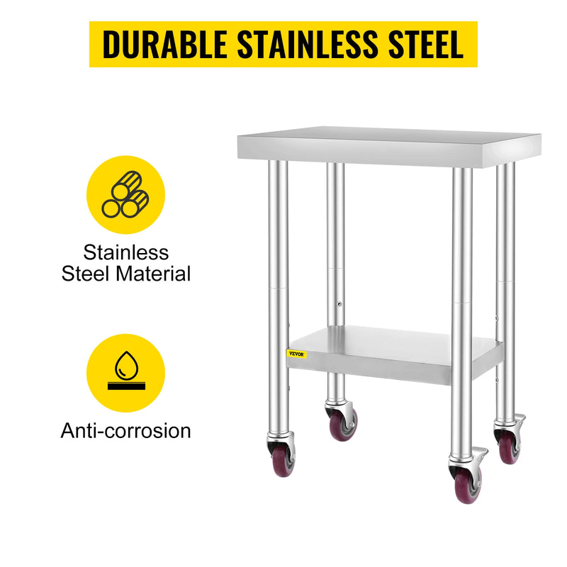SucceBuy Stainless Steel Kitchen Worktable shelves Commercial Work Bench Table with Caster Wheels for Home Restaurant Storage