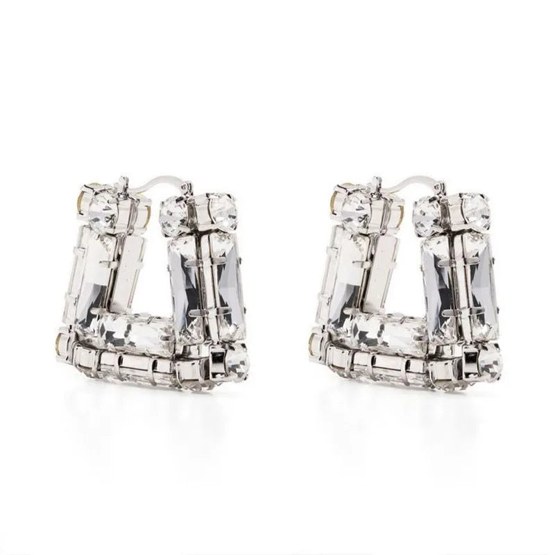 Statement Large Rhinestone Square Hoop Earrings Wedding for Women Fashion Jewelry Shiny Geometric Crystal Earrings Party Gifts
