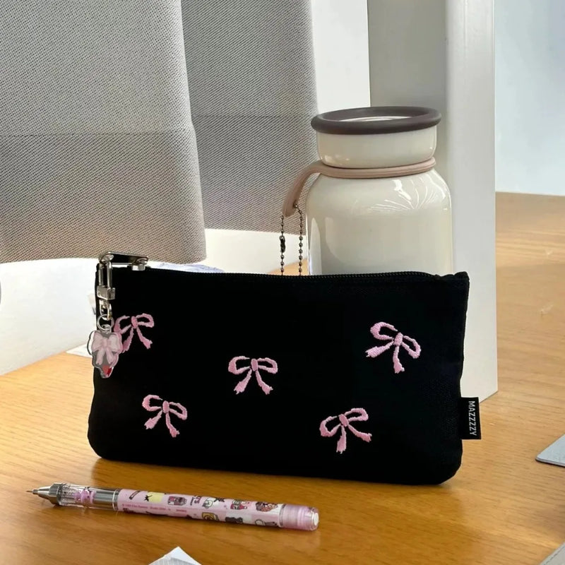 Cute Sweet Girl Heart Embroidered Bow Pencil Case Stationery Bag Square Shape Cosmetics Storage Bag Pencil Case Writing Supplies