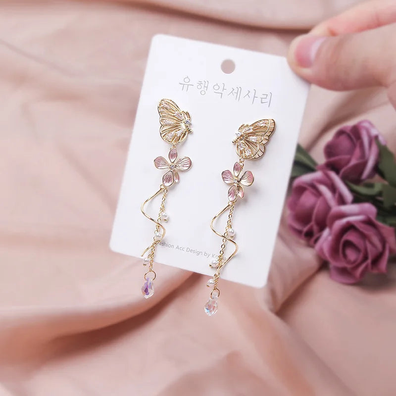 Korean Elegant Flower Butterfly Earrings For Women Exquisite Crystal Zircon Long Tassel Drop Earrings Girls Temperament Jewelry