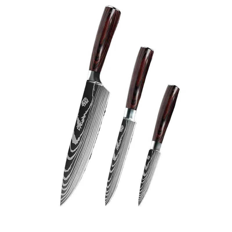 Kitchen Knife Set 3-10PCS Professional Chef Knife 7CR17 Germany Stainless Steel Damascus Laser Meat Cleaver Slicing Santoku