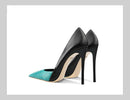 New Blue Black Serpentine Fine Heel, Pointed Shallow Mouth Splicing, Sexy and Versatile Women's High Heels