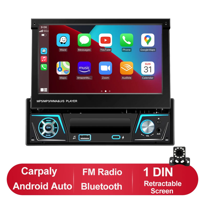 1 din Car Radio Android Carplay Auto Universal 7" IPS Retractable Screen gps Navigation 1Din Android 12 Multimedia Video Player