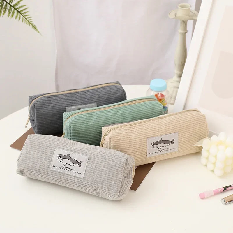 Cute Corduroy Pencil Case Little Shark Embroidery Pen Bag Pouch Gift for Girls&Kids School Office Stationery Organizer Supplies