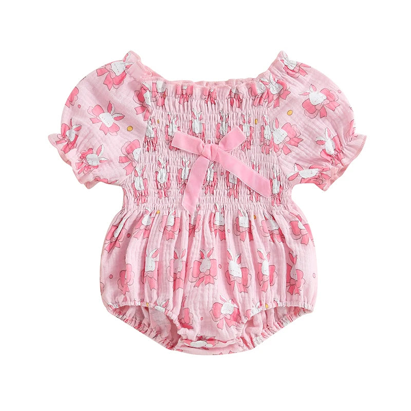 Baby Girls Rompers Easter Clothes Rabbit Print Bowknot Short Sleeve Summer Bodysuits Jumpsuits