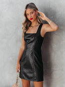 Sleeveless PU Leather Tank Dress Women Vintage Square Neck Loose Dress Party Black Costume Mini Dress Summer Clubwear Custom
