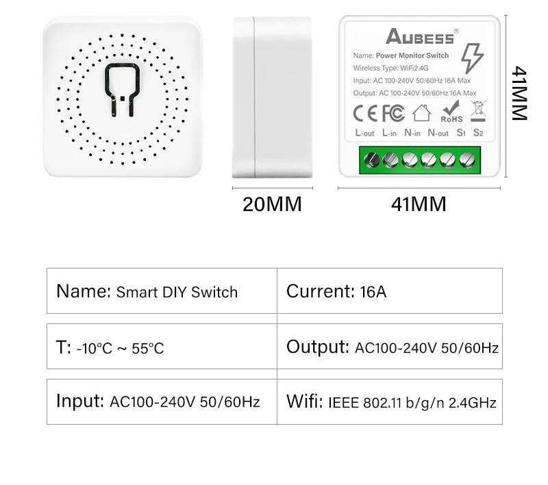 16A WiFi Tuya Smart Switch 2-way Mini Breaker Module With Energy Monitor Smart Home Control Via Alexa Google Alice SmartLife