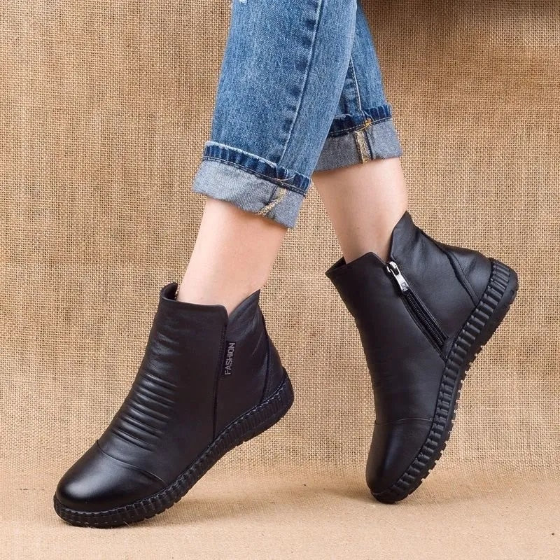 GKTINOO 2023 Winter Genuine Leather Ankle Boots Handmade Lady Soft Flat Shoes Comfortable Casual Moccasins Side Zip Ankle Boots