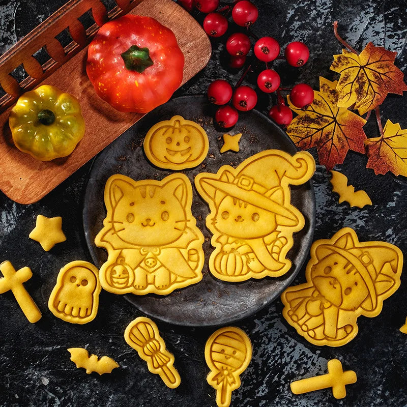 Halloween Cookie Mold Cartoon Wizard Kitten Cookies Flip Witch Candy Cutting Molds Stamp Pressing Pastry Decor Baking Tools