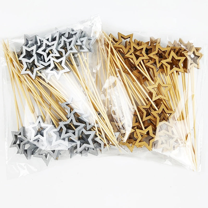 50Pcs Star Disposable Bamboo Skewers Gold Silver Buffet Fruit Food Picks Cocktail Sticks Christmas Decoration Birthday Wedding