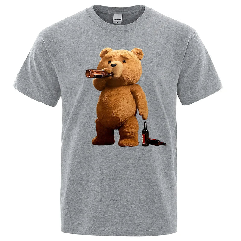 Lovely Ted Bear Drink Beer Poster Funny Printed T-Shirt Men Fashion Casual Short Sleeves Loose Oversize Tee Street Hip Hop Tops