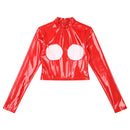 Womens Glossy PVC Leather Crop Top Sexy Mock Neck Long Sleeve Exposed Breast Back Zipper Bodycon Erotic Tops Party Clubwear