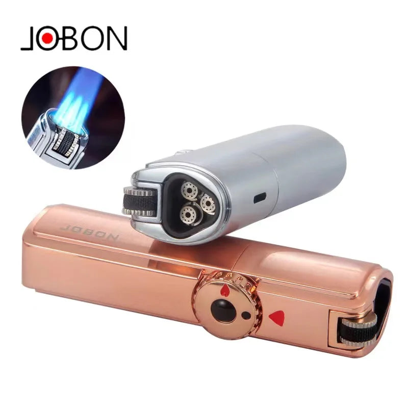 Jobon Gas Torch Lighter Powerful Three Straight Blue Flame Grinding Wheel Windproof Cigar Lighter Turbo Spray Gun Men's Gadgets