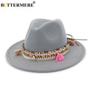 BUTTERMERE Womens Fedora Hat Wool Khaki Jazz Hats Female National Casual Large Brim Vintage Autumn Classic Felt Hat And Cap 2022