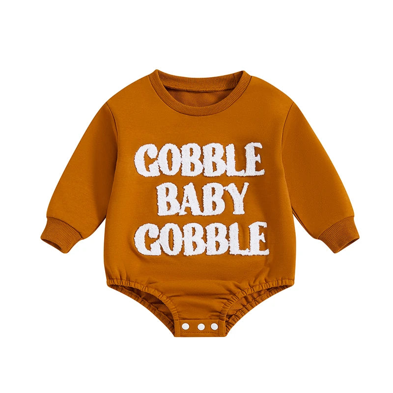 Thanksgiving Baby Romper with Embroidered Turkey Design and Cozy Long Sleeves for Fall Festivities and Family Gatherings