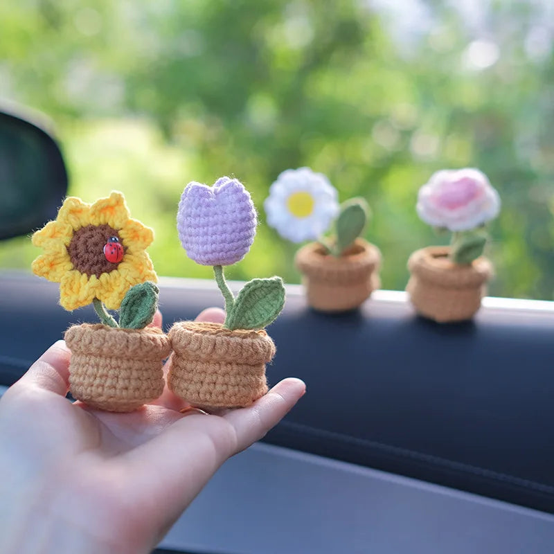 NEW Cute Potted Plants Crochet Car Basket Decoration Auto Center Console Rearview Mirror Ornaments for Car Accessories