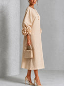 Elegant Women Linen Midi Dress O Neck 3D Floral Lantern Sleeve Button Loose Straight Long Dress Modest Casual Party Dresses