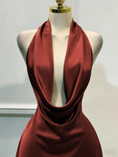 Solid Satin Women's Dress – Back Zipper Open Back Fitted, Vacation Party Evening Wear