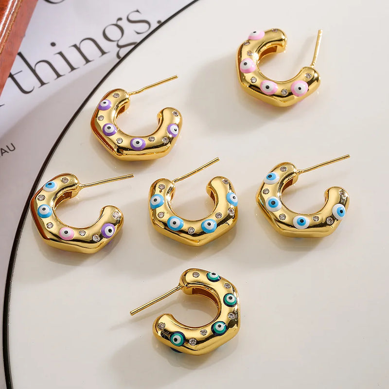 New Arrive Enamel 6 Candy Colors Turkish Evil Eye Oil Dripping Hoop Earrings Bohemian Lucky Jewelry Party Birthday Gift
