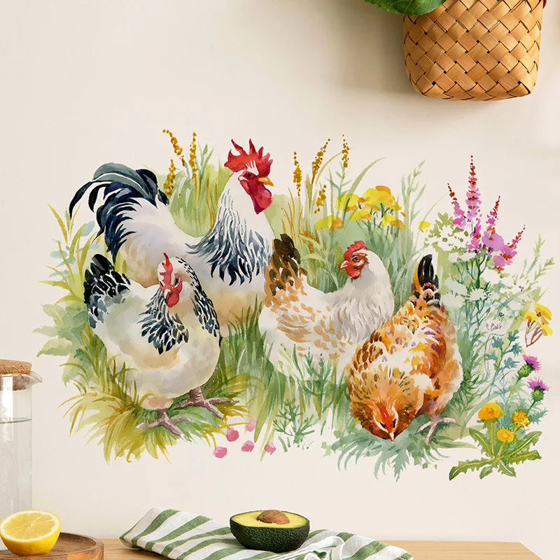 1PC Chinese Style Countryside Style Chicken Foraging In Grass Stickers, Decorative Living Room, Kitchen, Refrigerator Waterproof