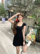 New Women Slim Temperament Purple Black Mini Dress Sexy Summer Knit Waist Skirt Spice Girls Dresses Bodycon Dress High Quality
