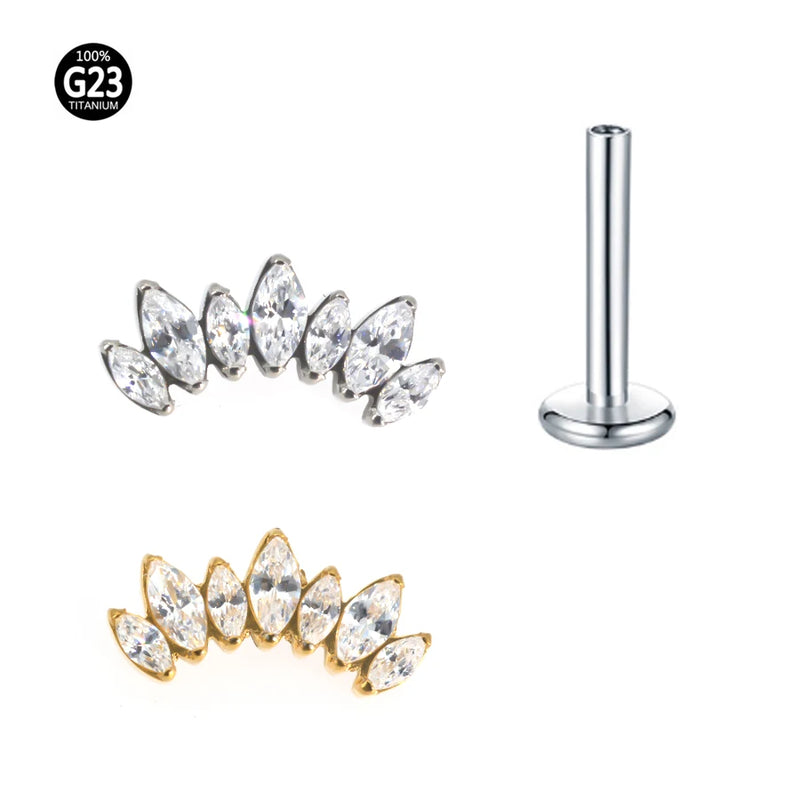 G23 Titanium  Internal Thread Helix Conch Cartilage Tragus Lip Stud Body Jewelry Piercing 7 CZ Labret Studs Horse's Eye Crown Zi