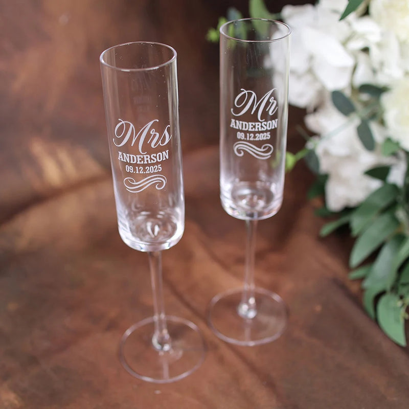 Custom Set of 2pcs Wedding Champagne Glasses Bride and Groom Modern Toasting Flutes Engagement Gift Party Romantic Decor