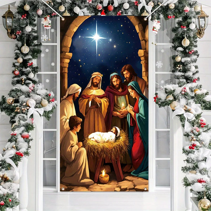 Merry Christmas banner with Shining stars Nativity scene - durable polyester, front door decoration and New Year celebration