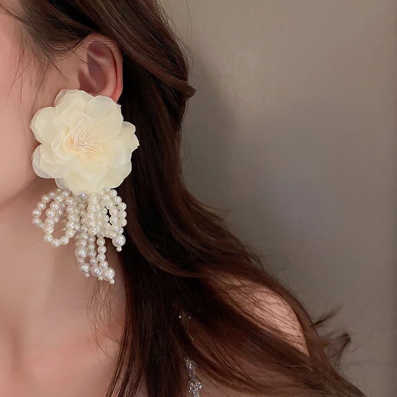 New Bohemian White Pink Big Cloth Flower Earrings for Women Statement Jewelry Handmade Pearl Bowknot Tassel Pendientes